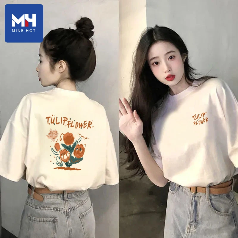 唐狮集团MH短袖t恤女夏季纯棉圆领奶白色洋气百搭正肩五分袖上衣