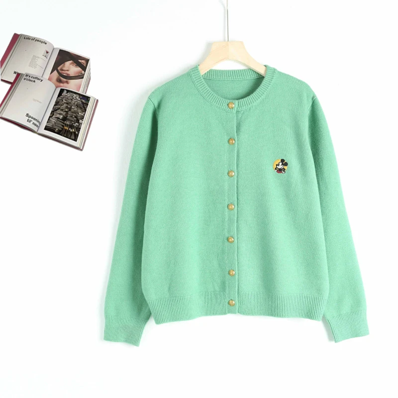 W0096纯色女士低领米奇图案休闲外套开衫毛衣外套长袖短款时尚