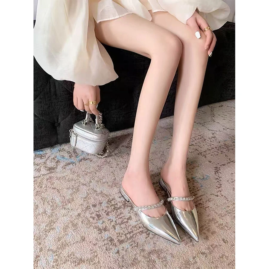 2024年新款尖头气质小香风平底单鞋欧洲站银色包头半拖凉鞋女夏季