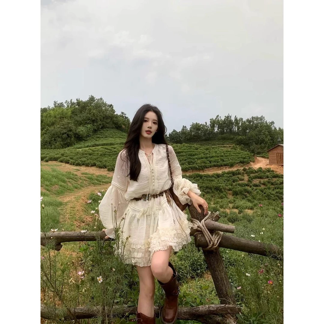 氛围感穿搭法式气质温柔灯笼袖连衣裙女