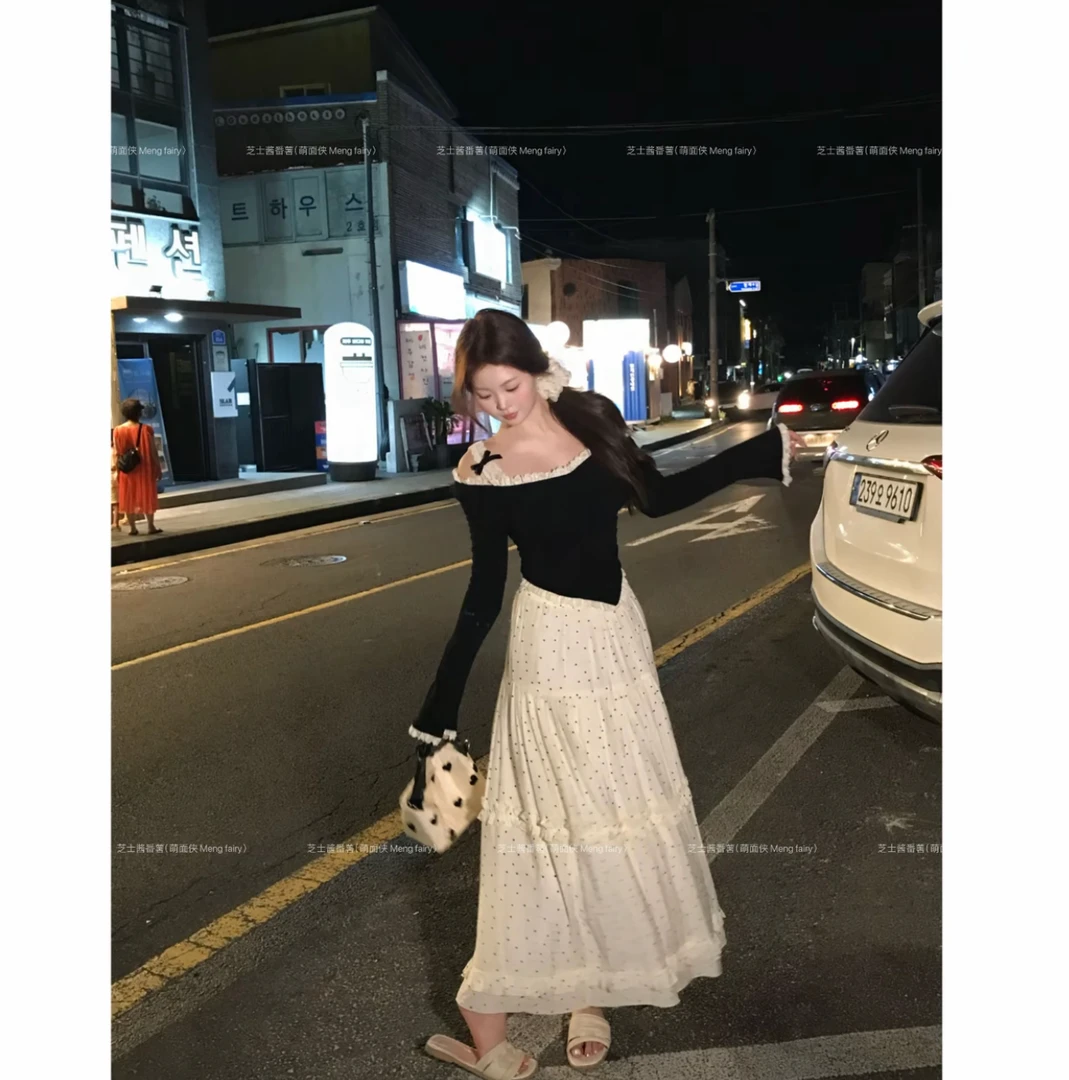 MengFairy现货【波点限定】高腰大裙摆百搭重工蛋糕半身裙4937套装