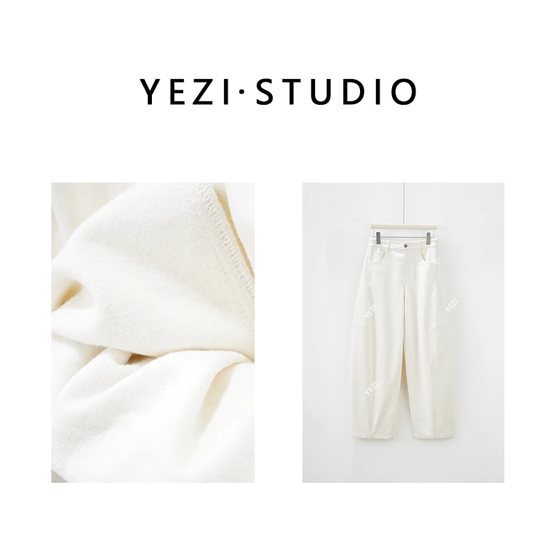 【舒适新贵】白色立裁宽松加绒阔腿显瘦弯刀白色牛仔裤25435018