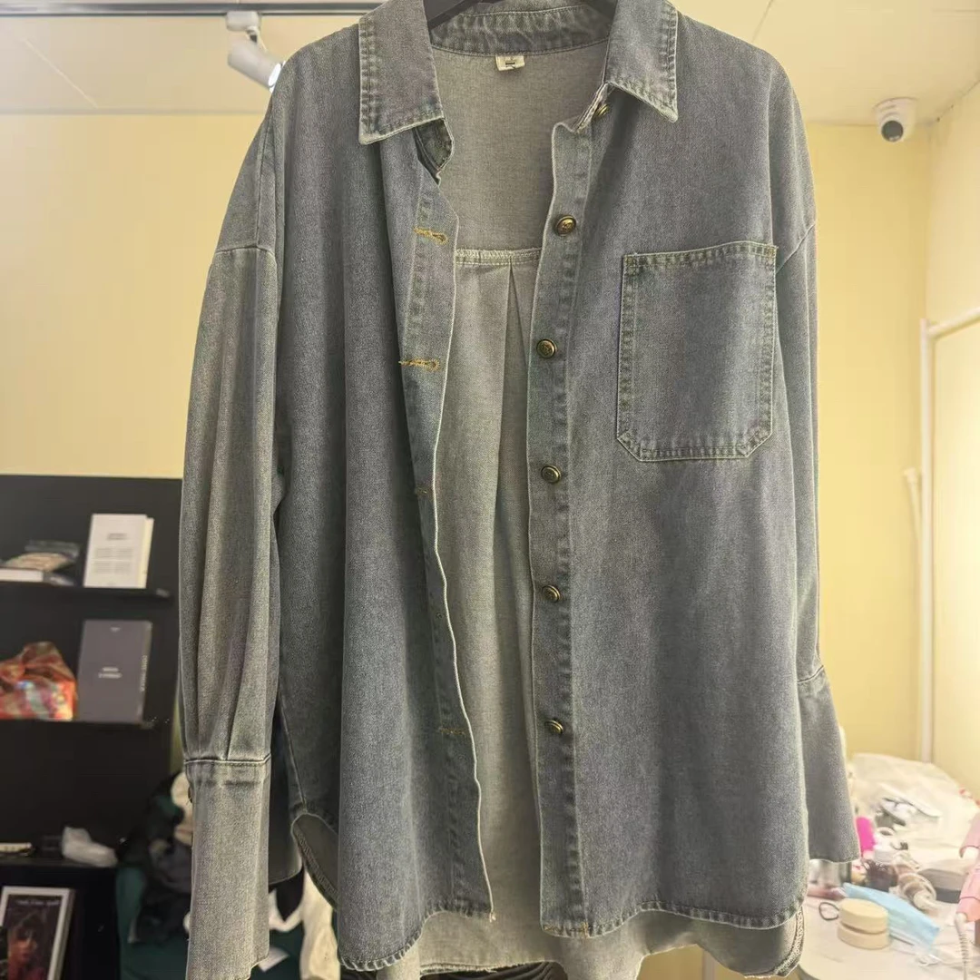 春秋新款韩版复古宽松牛仔衬衫女长袖百搭休闲叠穿衬衣外套