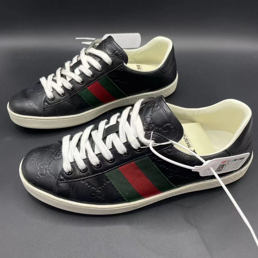 95新 GUCCI/古驰 时尚百搭黑色织带老花压印板鞋42.5欧码ca834t