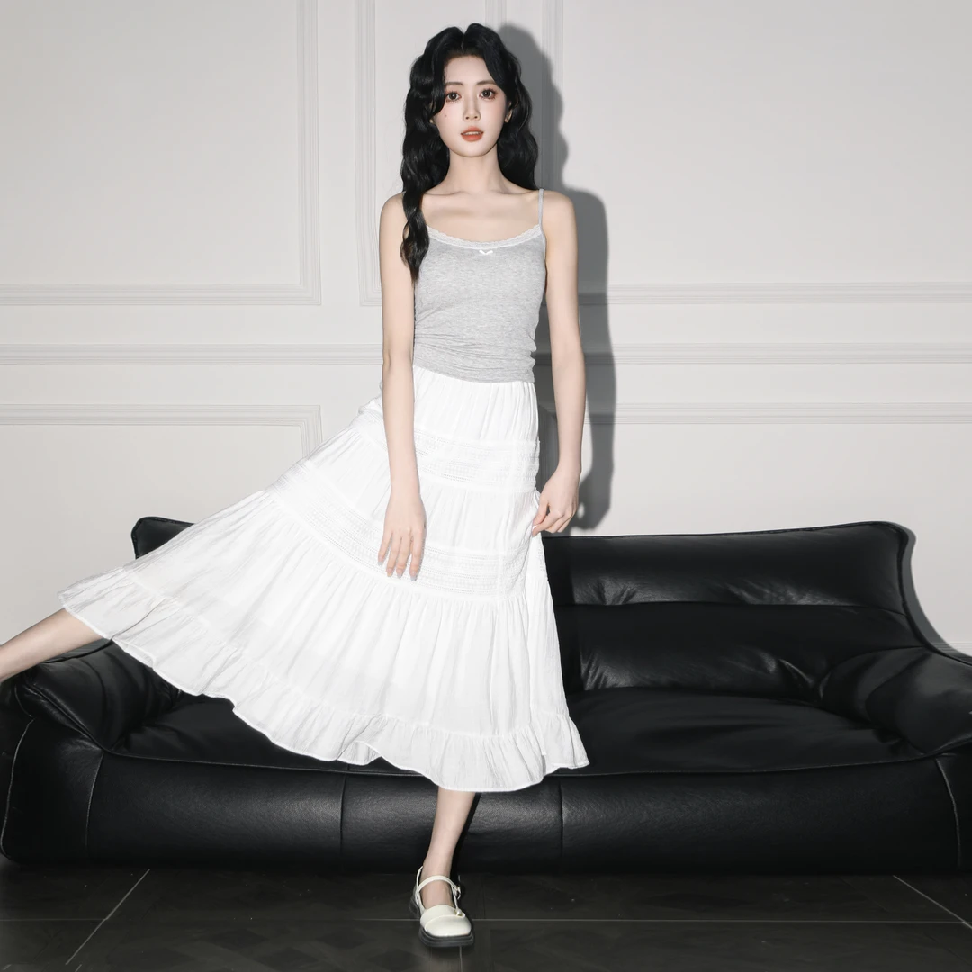 白色蛋糕半身裙女夏2025夏季新款小个子高腰A字垂坠感中长款裙子