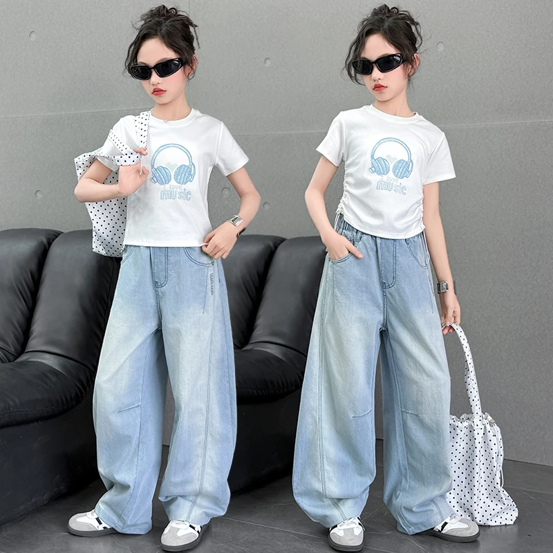 童装女童夏装套装2025新款中大童女装儿童夏季薄款短袖牛仔弯刀裤