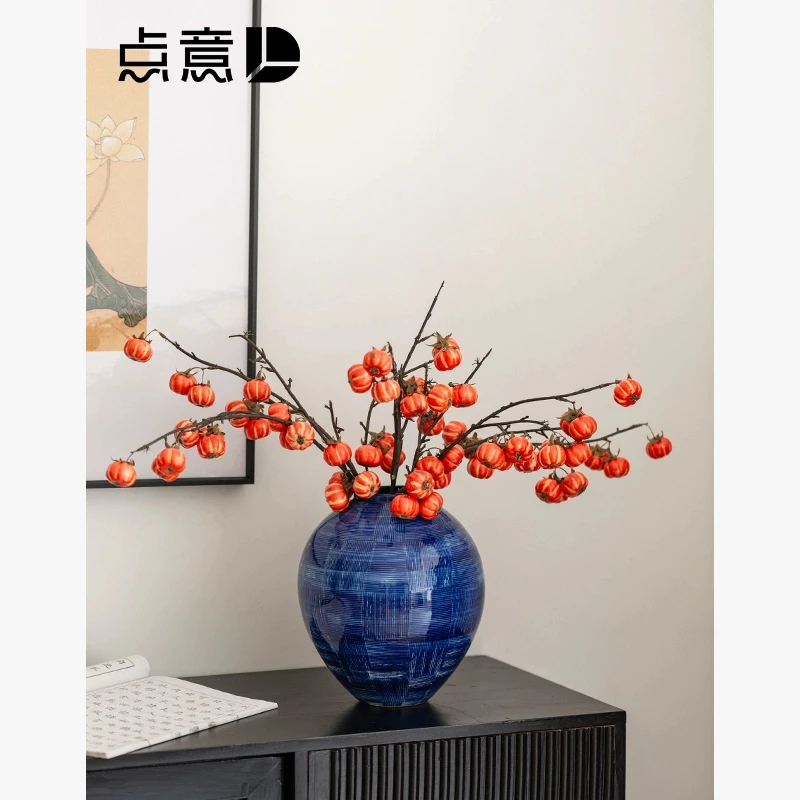 蓝釉陶罐花瓶小众设计师款美学敞口泼墨手工艺术青花怀旧名宿酒店