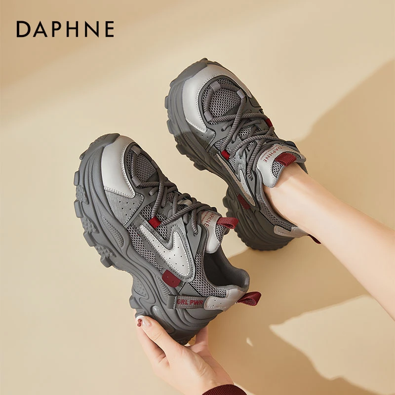 达芙妮松糕厚底老爹鞋女春秋季2025新款小个子灰色增高休闲运动鞋