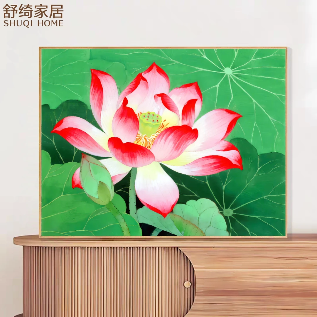 新中式书房背景墙装饰画高级感卧室挂画荷莲花画喜水木寓旺运兴宅