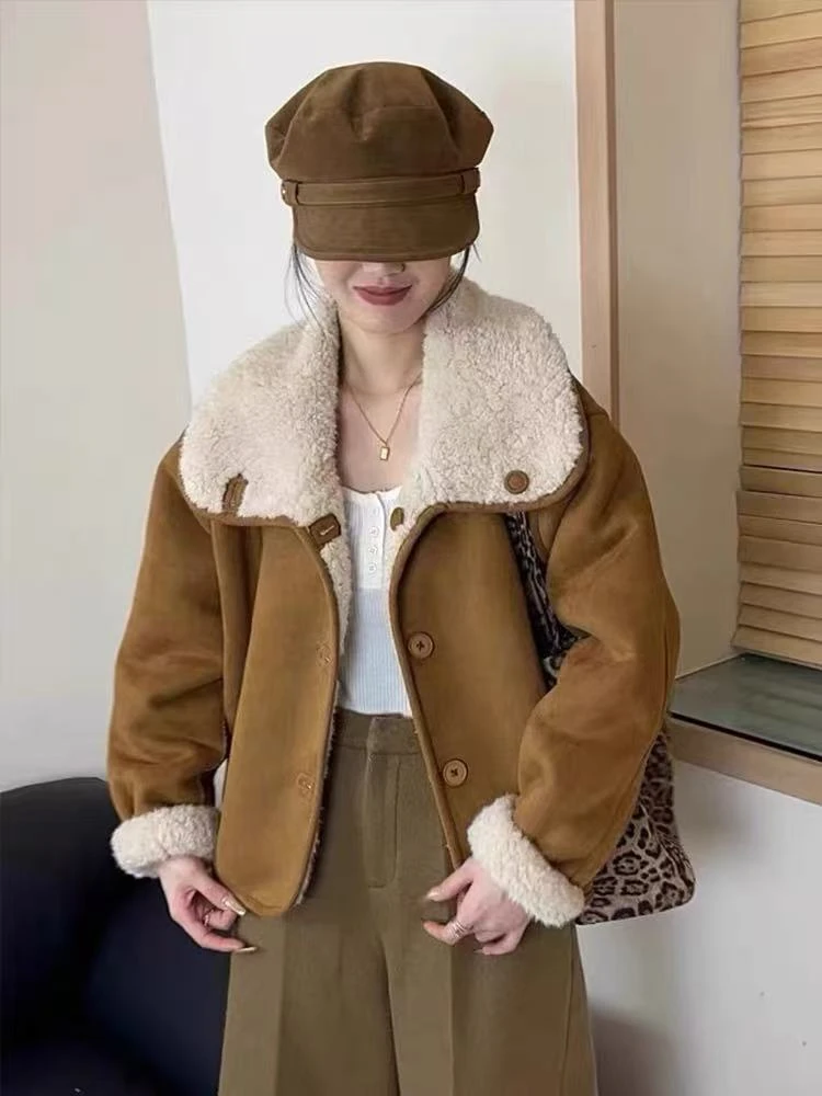 新款百搭外套冬季加绒加厚毛毛外套短款时尚休闲宽松两面穿