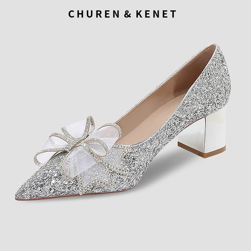 CHUREN&KENET小CK婚鞋女粗跟婚纱新娘浅口高跟鞋蝴蝶结细跟伴娘鞋
