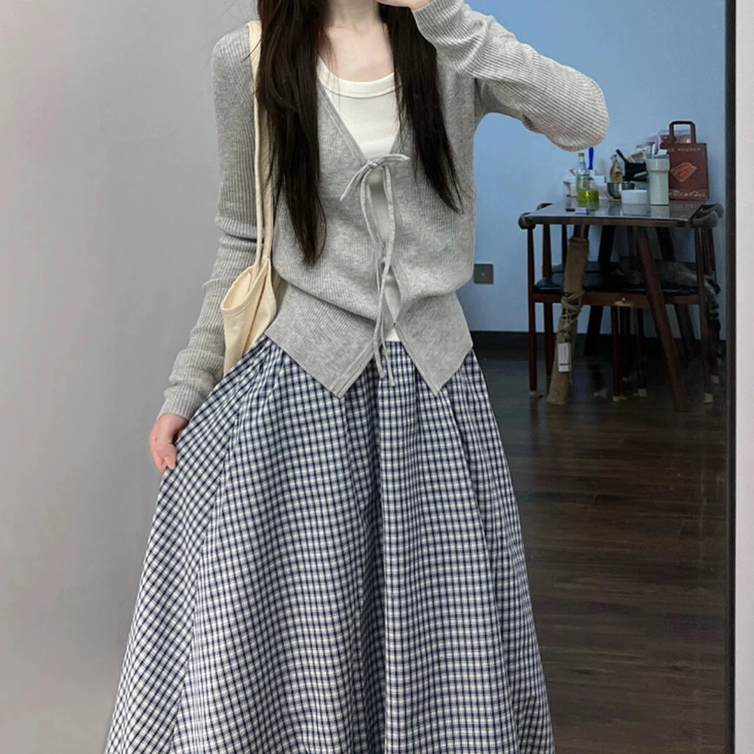 韩系温柔风系带开衫背心格子半身裙三件套秋季新款休闲一整套穿搭