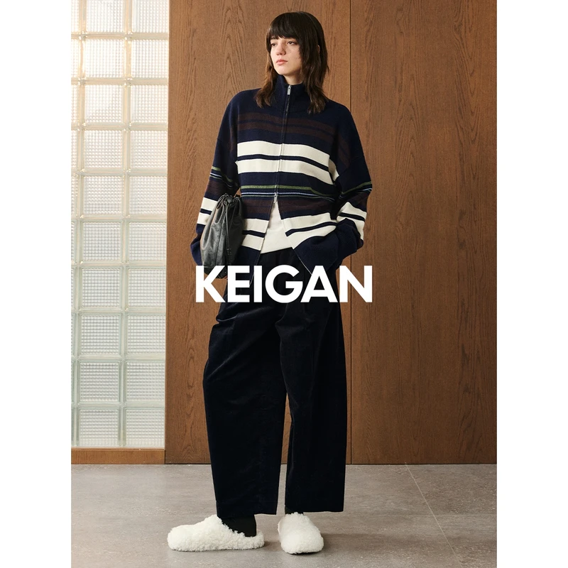 开间/澳洲極细软糯美利奴荃羊毛 复古撞色条双开拉链针织开衫毛衣