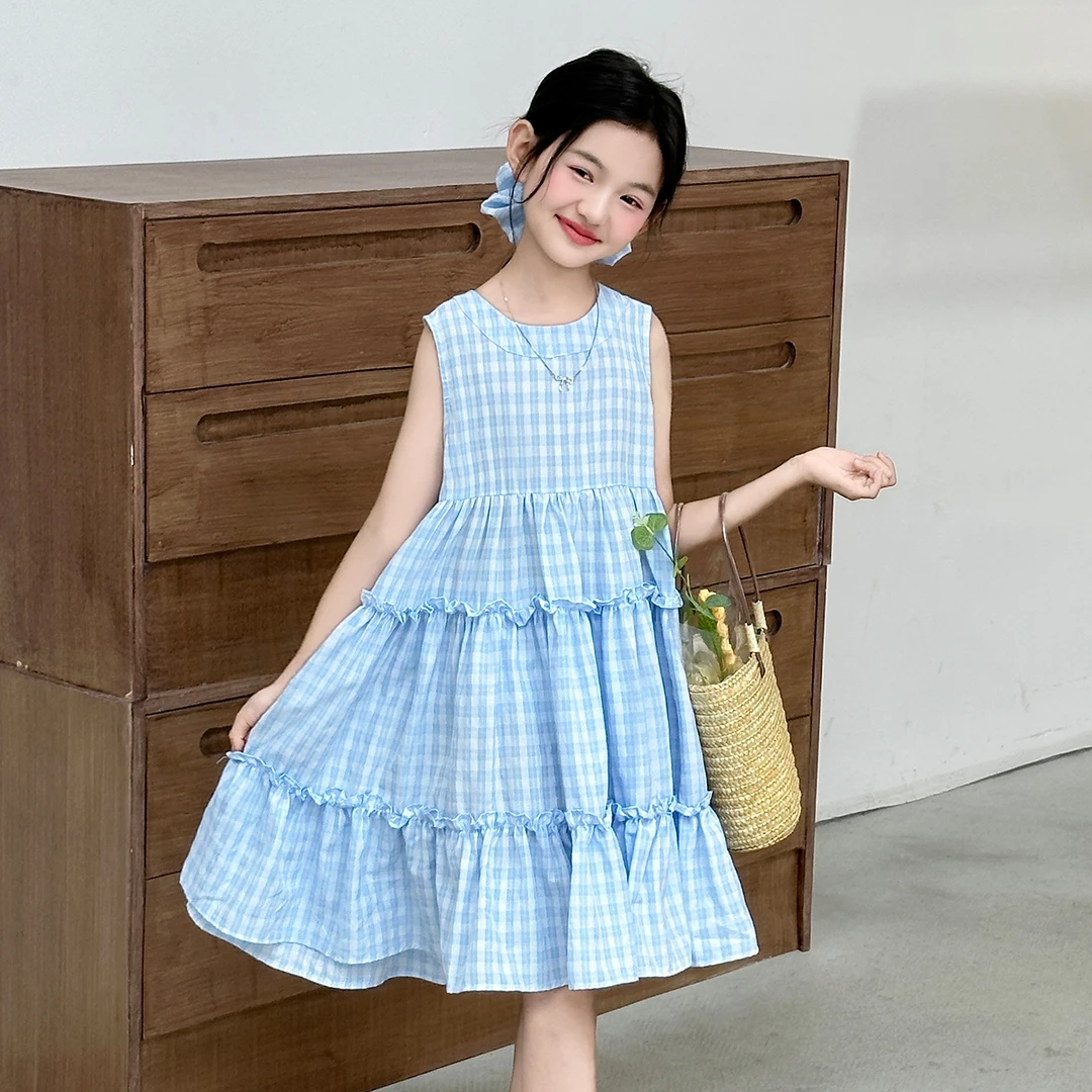 女童夏季蓝色格子无袖背心公主裙洋气新款中大童夏款小女孩连衣裙