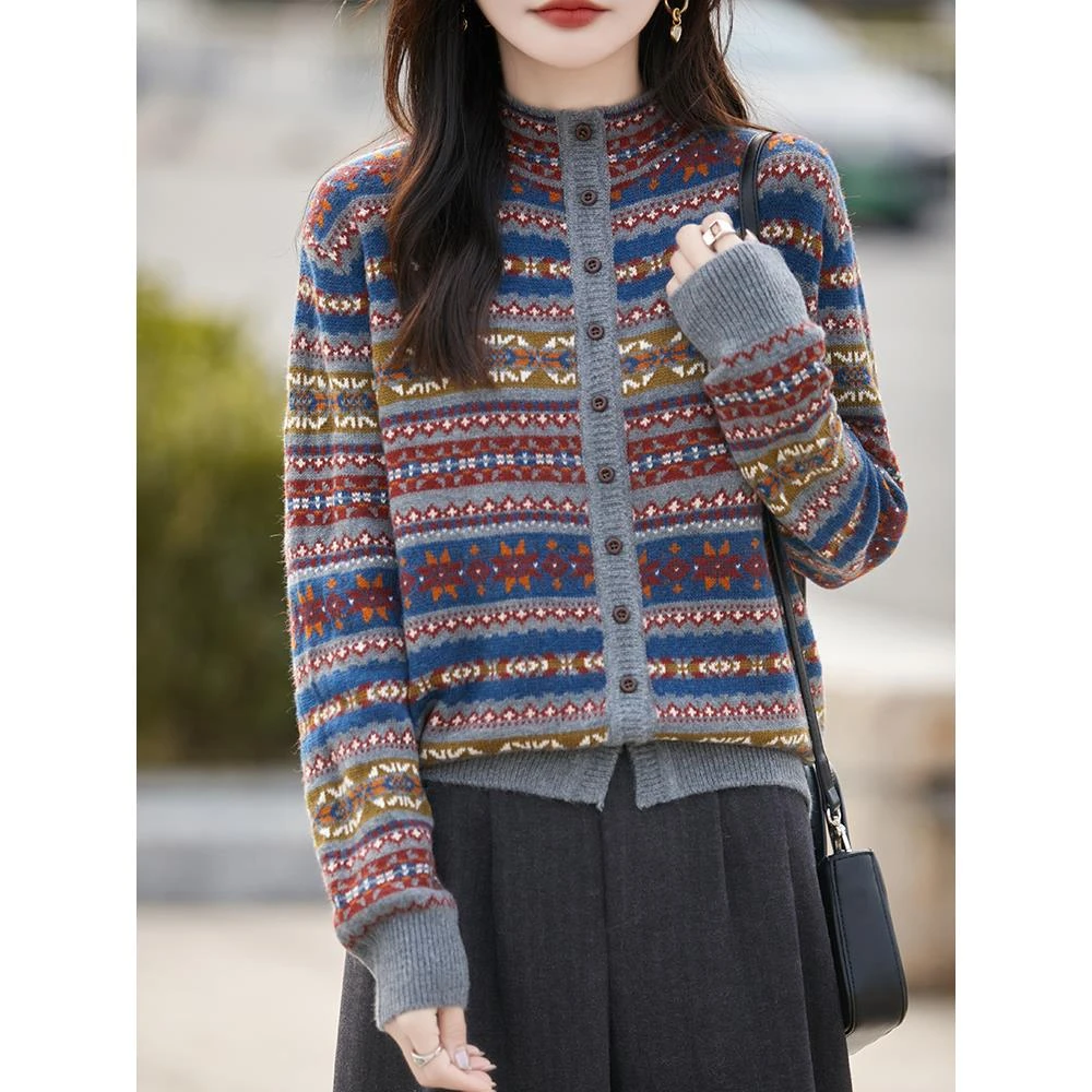 皮尔卡丹法式高端费尔岛覆古提花毛针织开衫女2025秋冬新加厚保暖