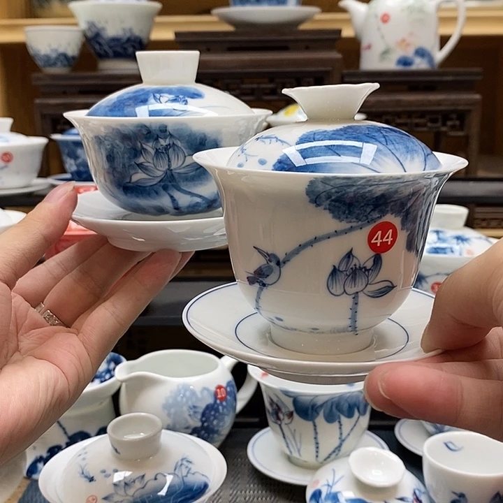 手绘荷花亭亭盖碗➕荷花翠鸟盖碗高温瓷釉下彩微瑕福利款