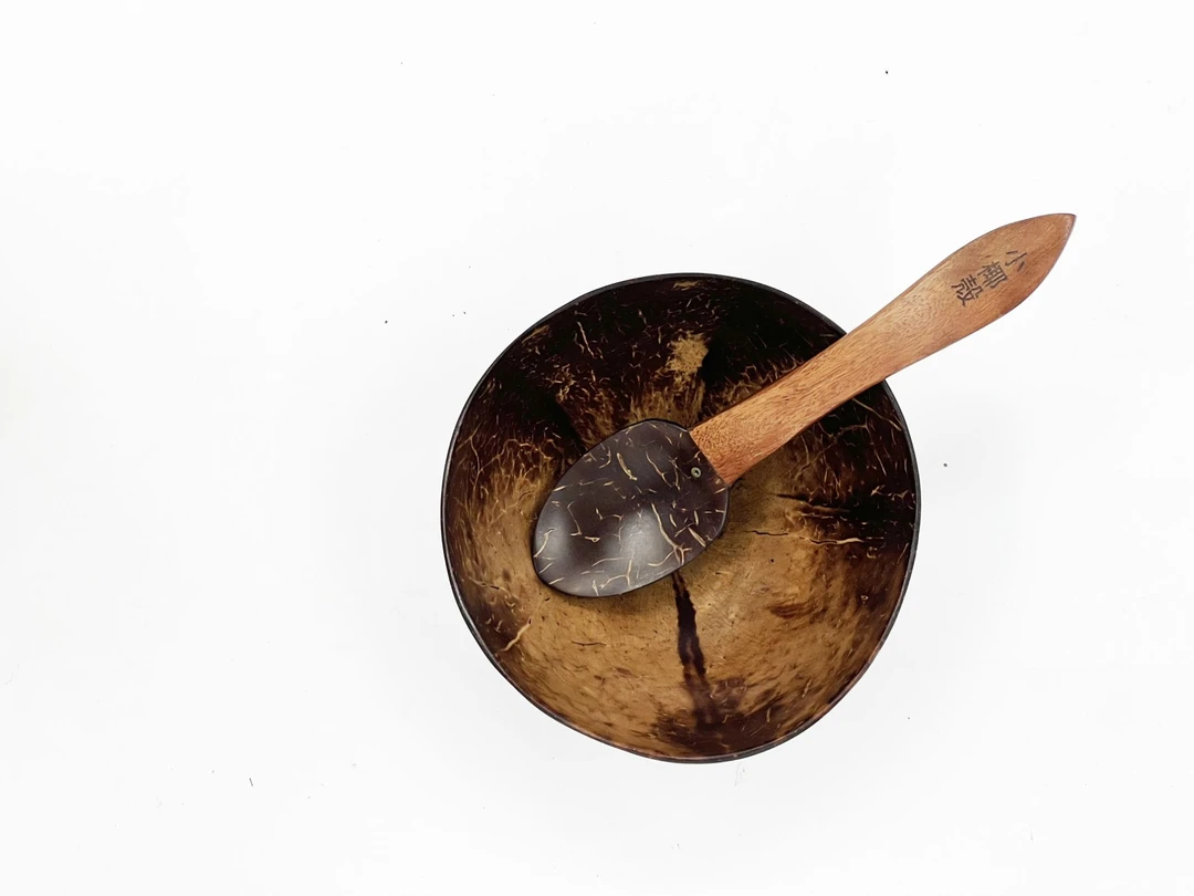 创意漆艺椰壳碗勺子+勺萨拉水果捞冰淇淋酸奶个性餐具套装家用