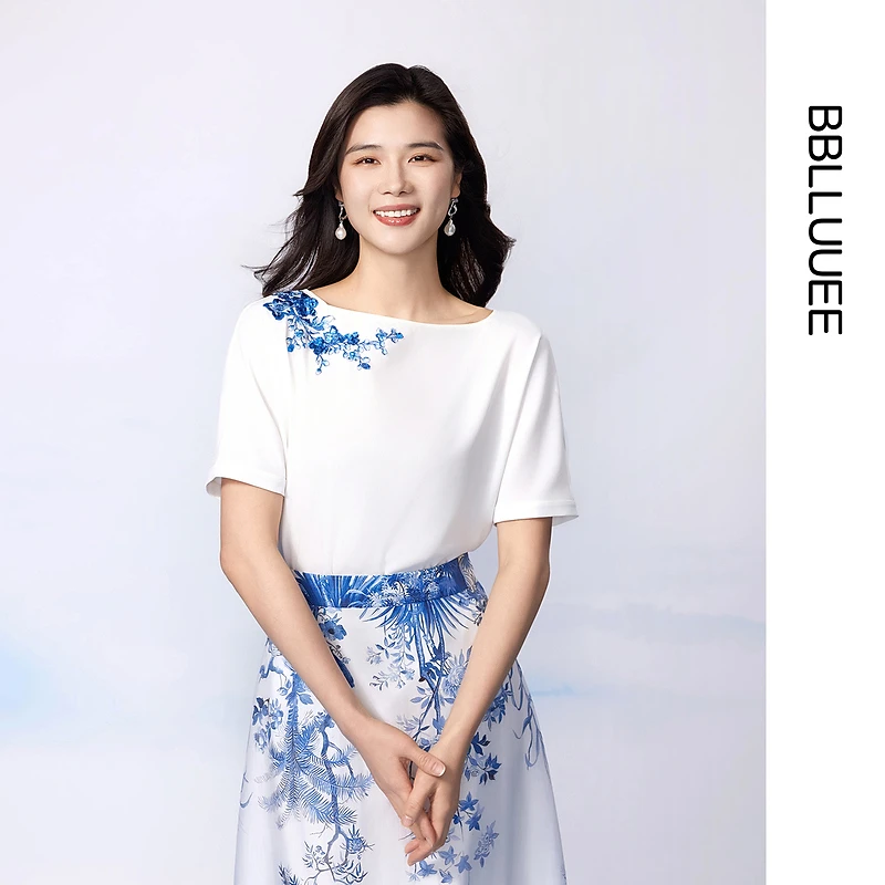 【晨粉专享价】【雅致撞色】BBLLUUEE/粉蓝衣橱2025夏装新款青花刺绣