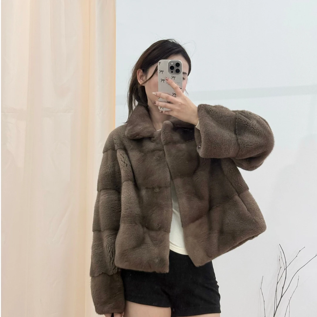 紫卿ZEEKING 新款横排翻领水貂外套小巧帕斯条原色女气质宽松型