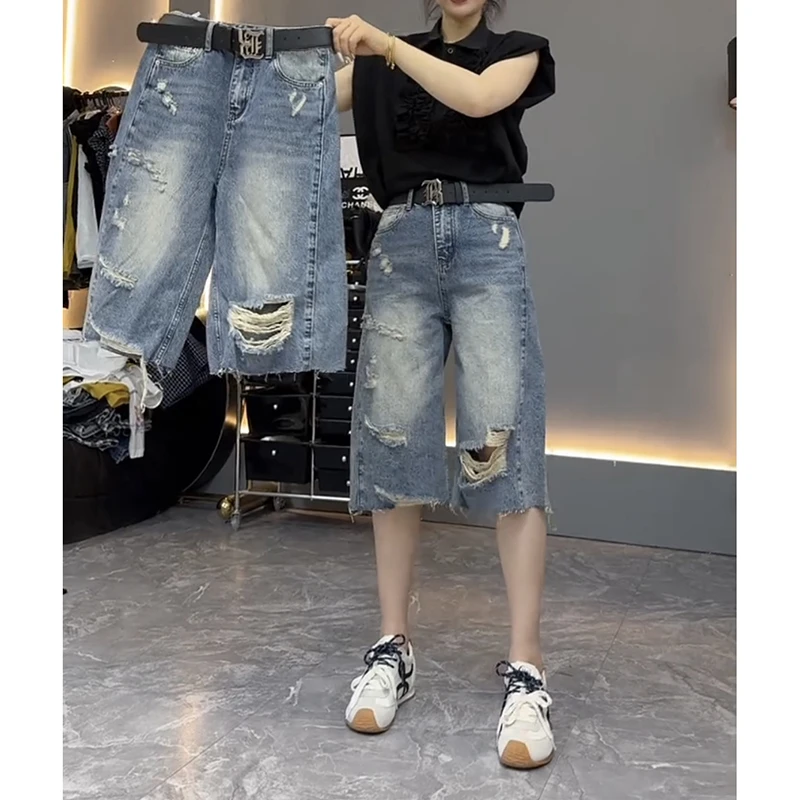 大码破洞牛仔短裤女夏季薄款高腰显瘦直筒七分裤韩版潮流宽松阔腿