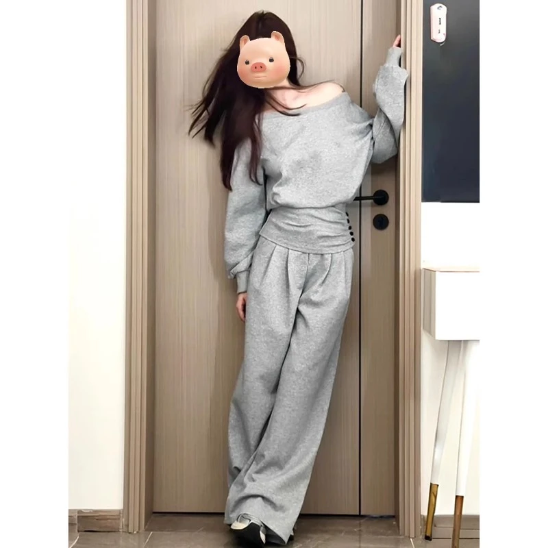 开春穿搭一整套2025初早春季女装休闲斜肩卫衣运动阔腿裤两件套装