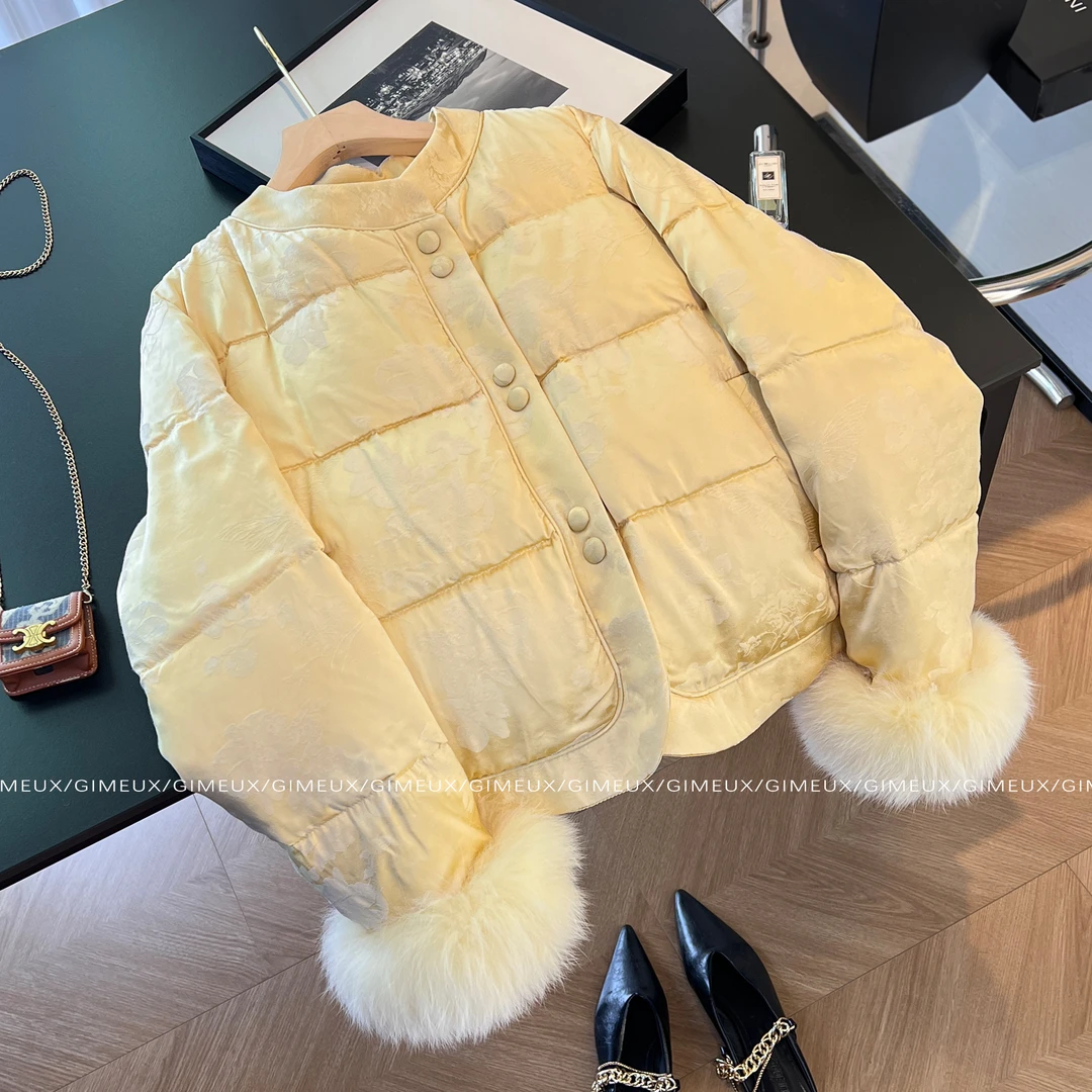 新中式狐狸毛袖棉服女2025冬款设计感立领高端加厚复古国风外套