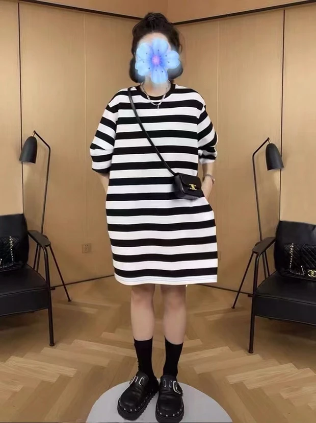 WANGNAFUSHI夏季韩版条纹宽松老钱风连衣裙711