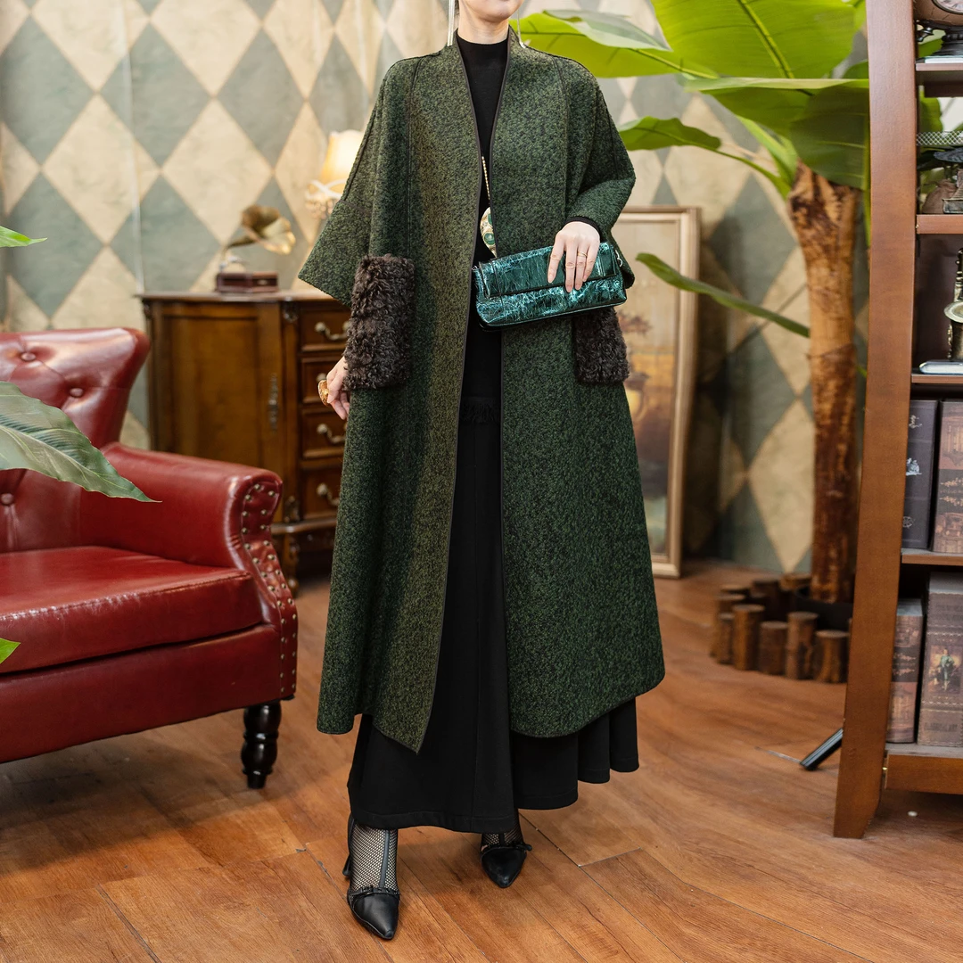 绪调【‌熵垂】秋冬长款外套风衣长款复古羊毛气质大衣XD1610DY