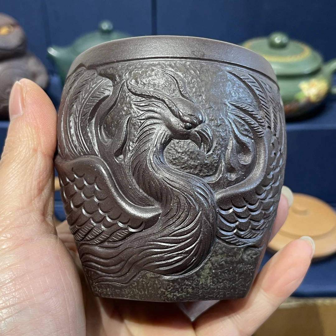 原矿紫砂老紫泥全手工刻绘朱雀大容量主人杯200毫升茶杯紫砂杯