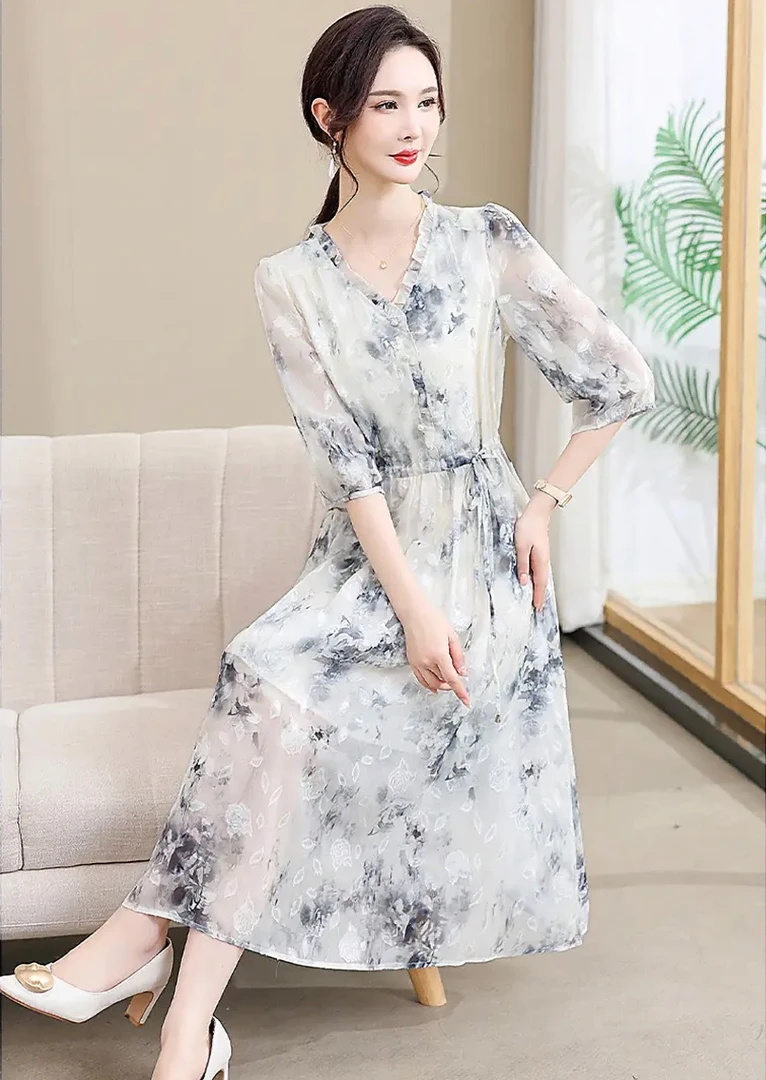 【烟雨江南】名媛气质时尚烧花女士收腰洋气中长款法式连衣裙2612
