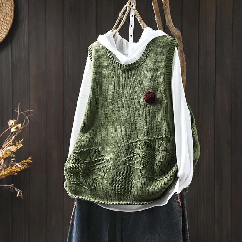 手工花朵提花棉线针织马甲背心女套头2025秋季新复古休闲叠穿坎肩