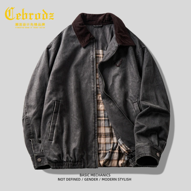 法国Cebrodz复古巴恩风撞色翻领工装男士2025秋季宽松美式夹克男