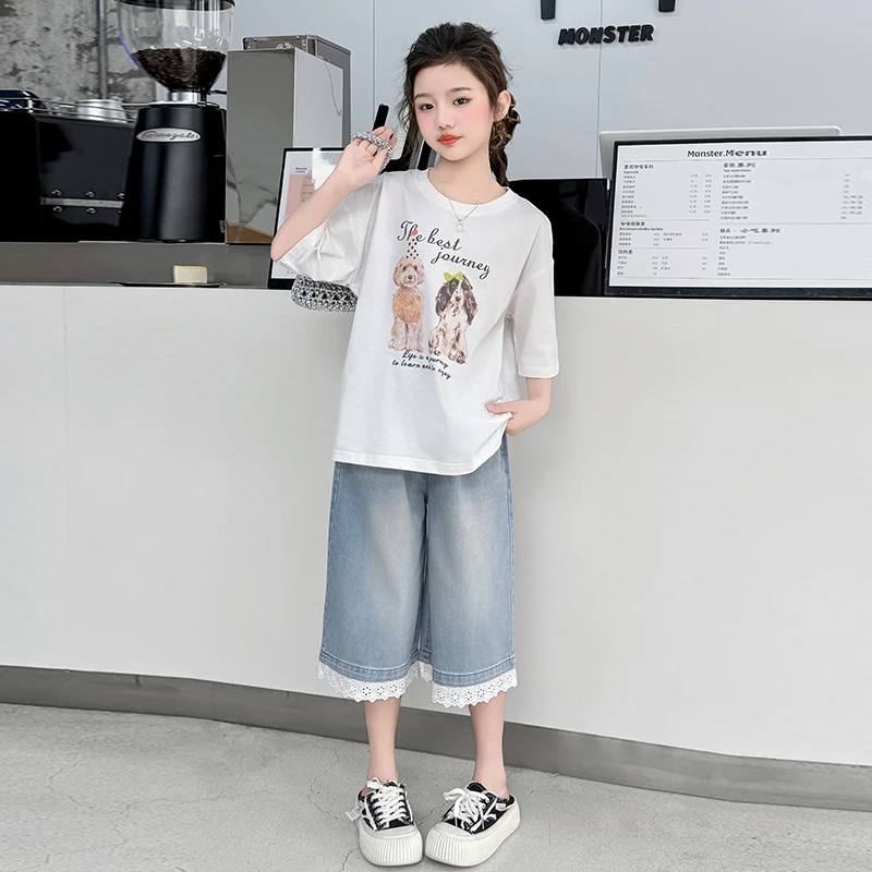女童夏装套装2025新款6- 12岁15中大童洋气短袖T恤牛仔中裤两件套