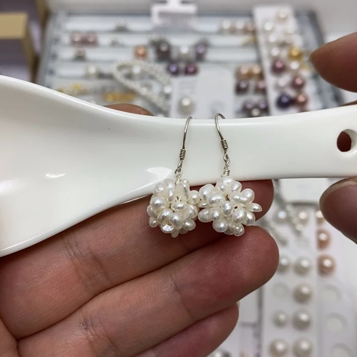 爆米花耳钩淡水珍珠银S925镶嵌