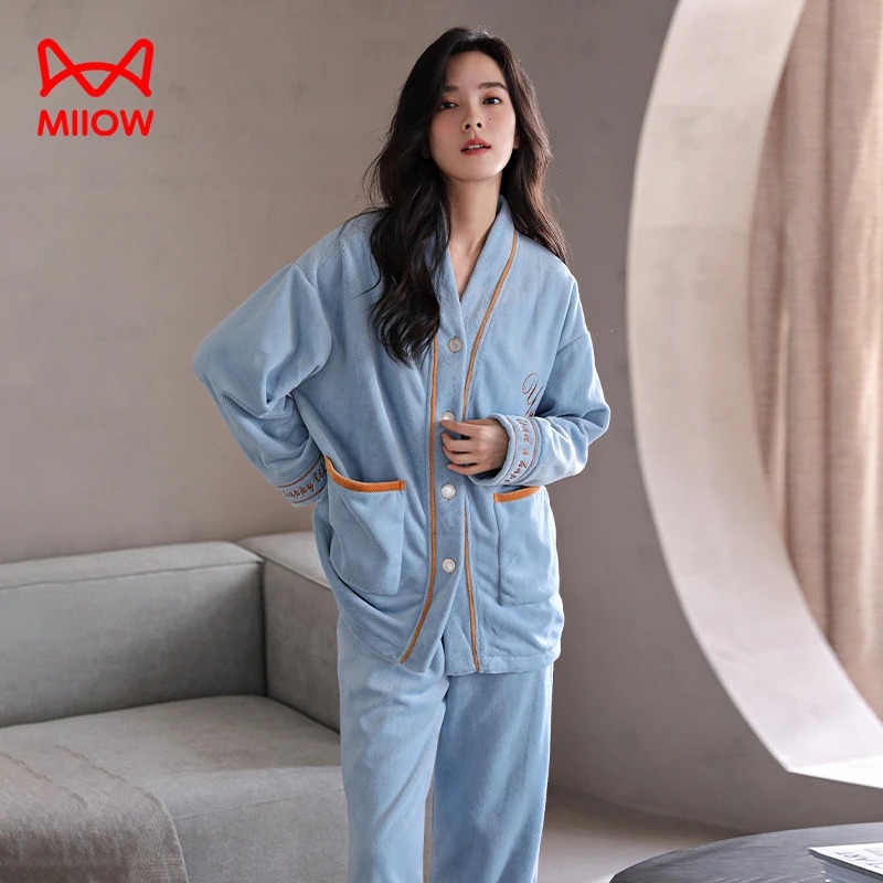 猫人经典秋冬季加厚珊瑚绒睡衣女士法兰绒套装春秋开衫大码家居服