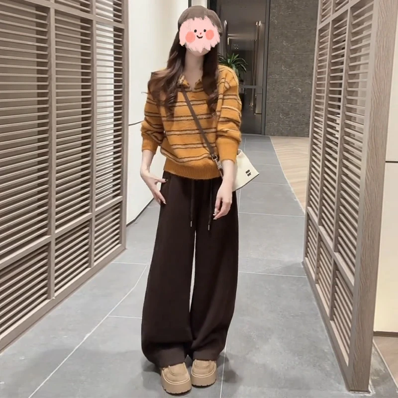 复古慵懒风宽松针织衫时尚套装女软糯条纹毛衣休闲卫裤两件套秋冬