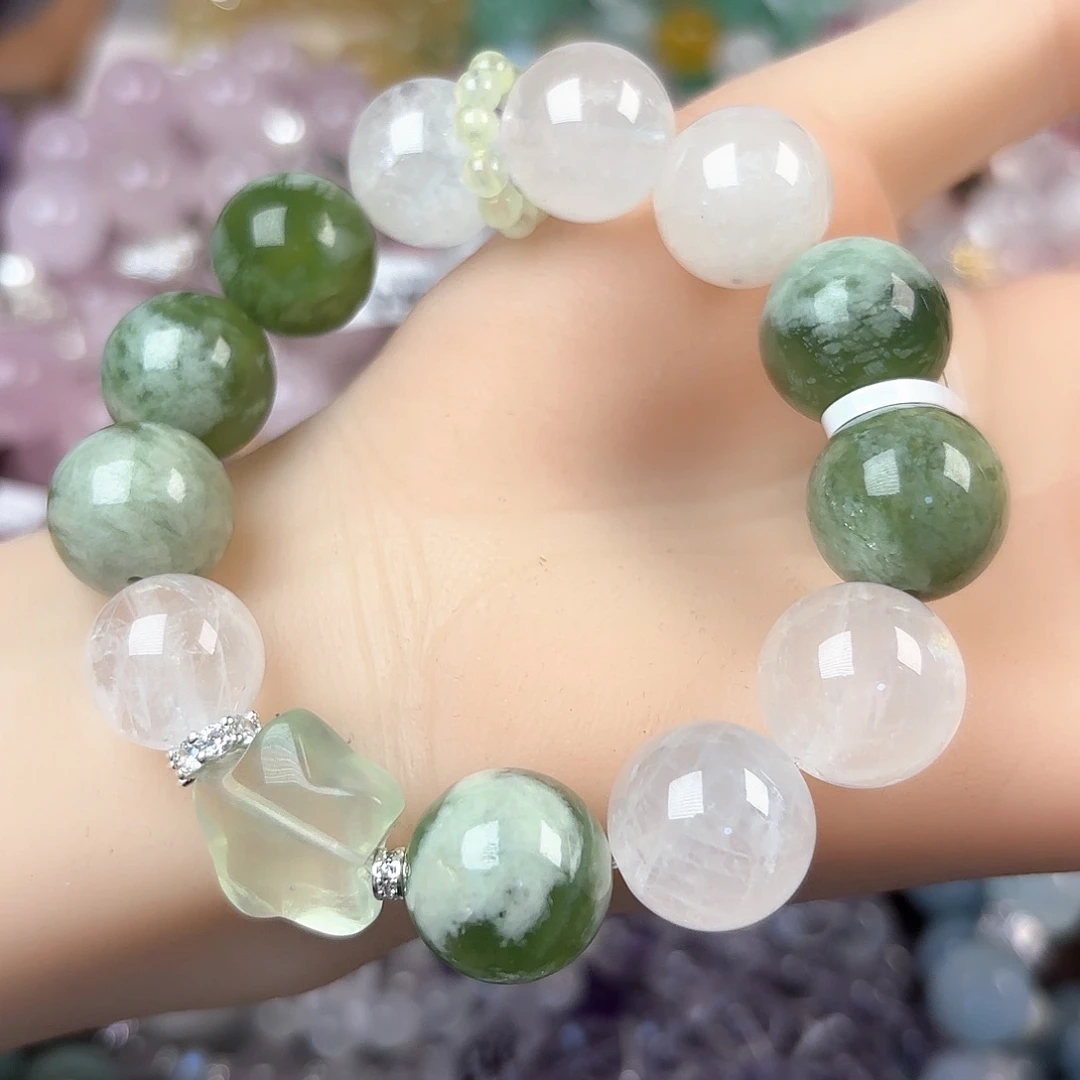 水晶手链银S925镶嵌天然岫玉白幽灵16mm