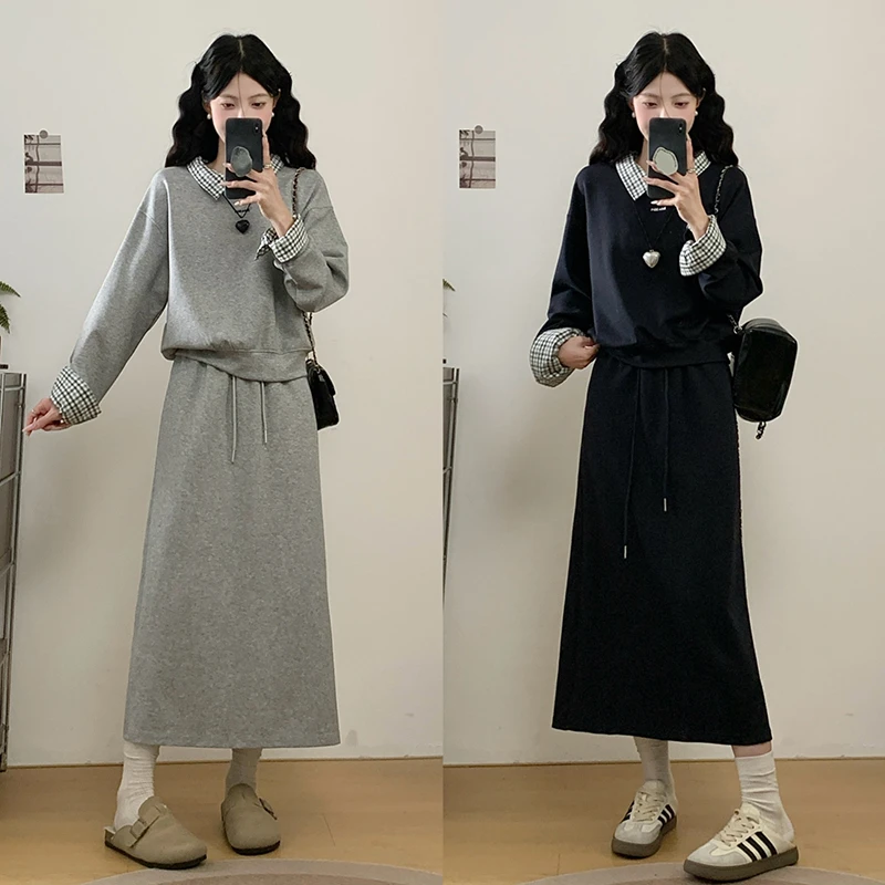 大码胖mm韩系休闲拼接套头卫衣半身裙套装秋季新款时尚显瘦两件套