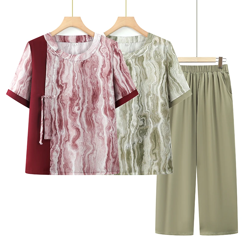 中老年洋气宽松妈妈奶奶女装短袖上衣老人老太太两件套夏季套装