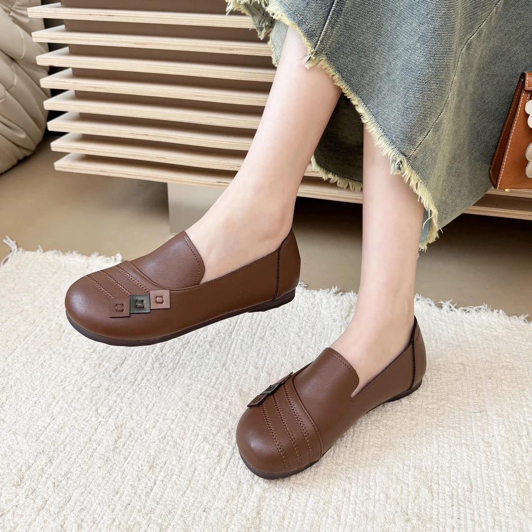 复古单鞋浅口妈妈鞋圆头豆豆鞋夏季一脚蹬妈妈鞋春秋平底