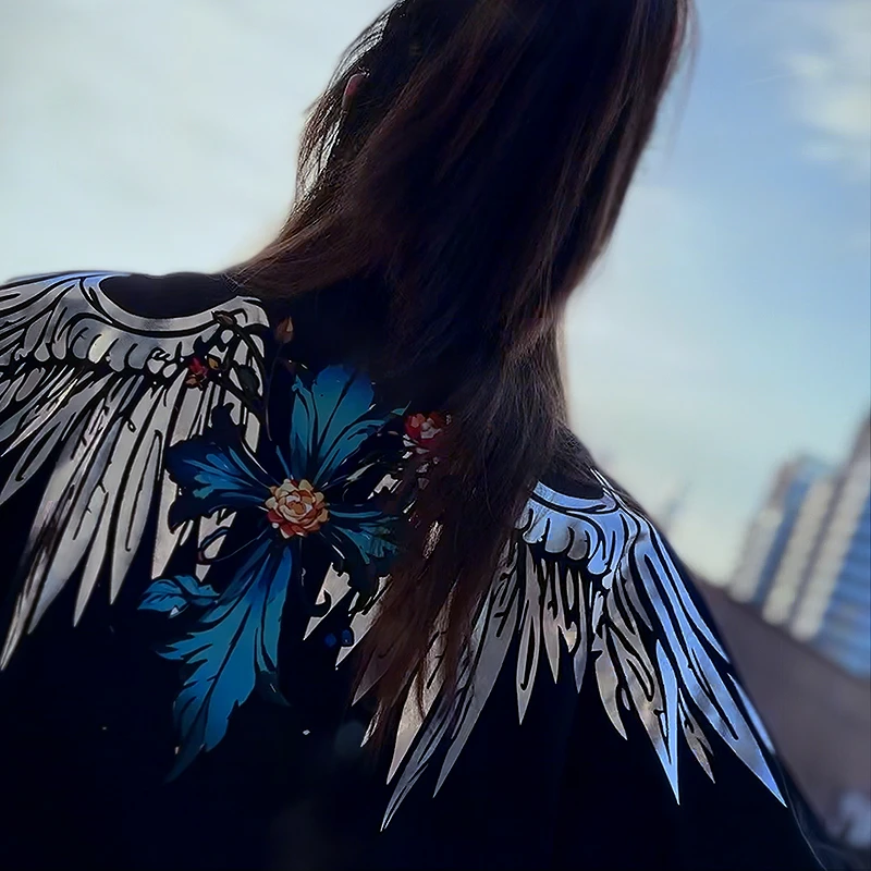 BY潮牌高级感炫彩大翅膀夏季短袖男T恤/男女同款纯棉新款宽松洋气