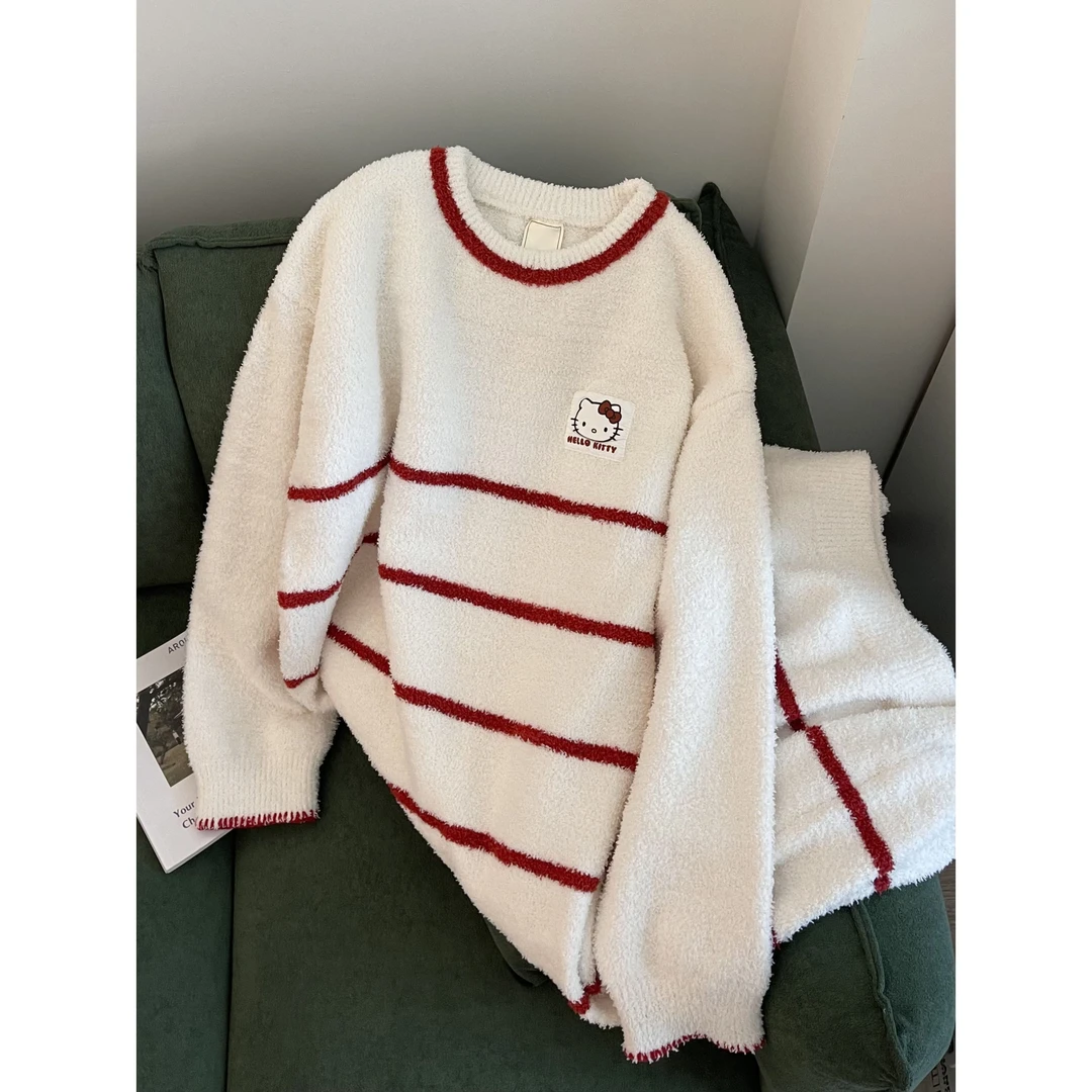 韩系休闲高级感甜美简约条纹半边绒睡衣秋冬季新款保暖家居服睡裙