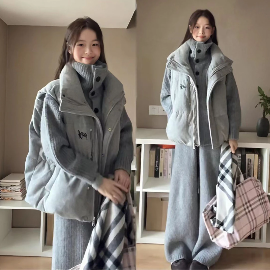 秋冬韩风chic一整套松弛感针织开衫保暖马甲棉服外套休闲裤套装女