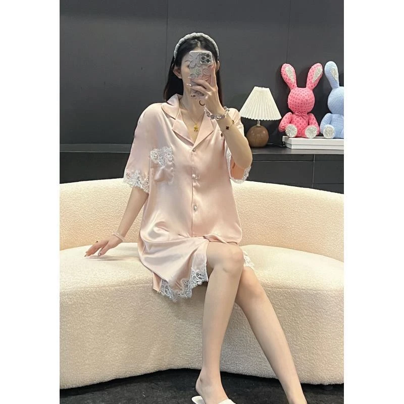 夏季网红纯欲风薄款中长款蕾丝拼接睡裙短裤两件套家居服