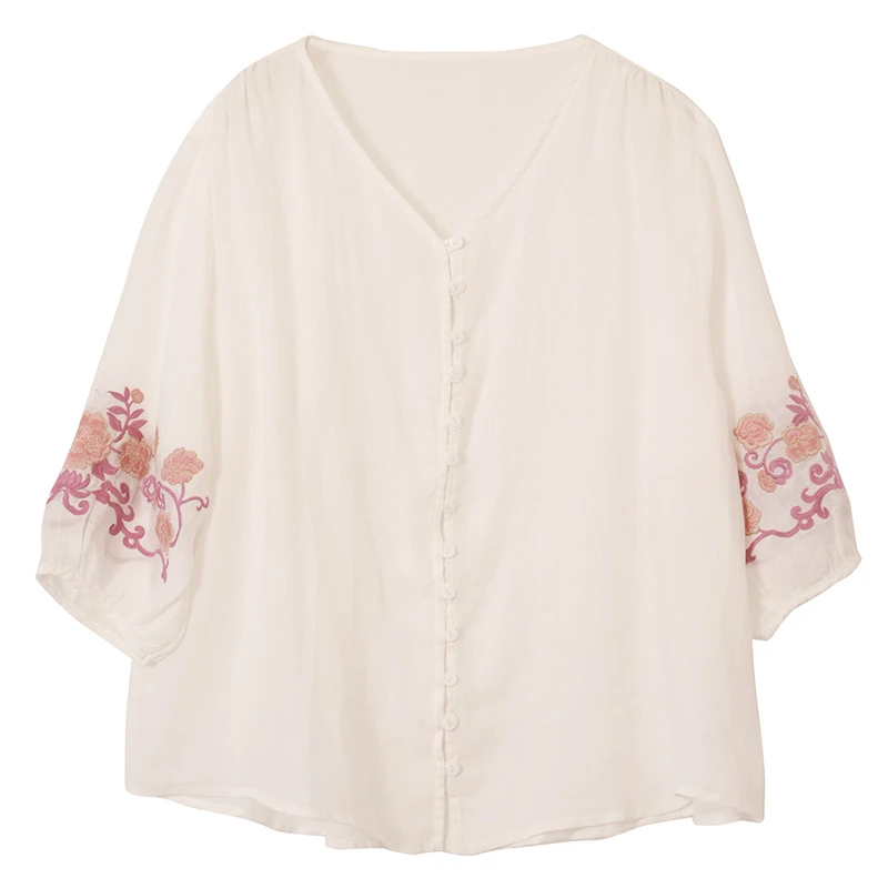棉叙春夏薄款V领纯苎麻绣花衬衫女国风禅意复古七分袖上衣15519