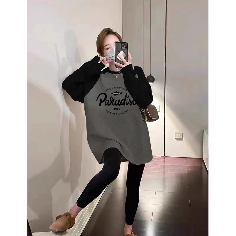 德绒磨毛保暖中长款遮屁股插肩拼接撞色长袖t恤女宽松打底衫秋冬