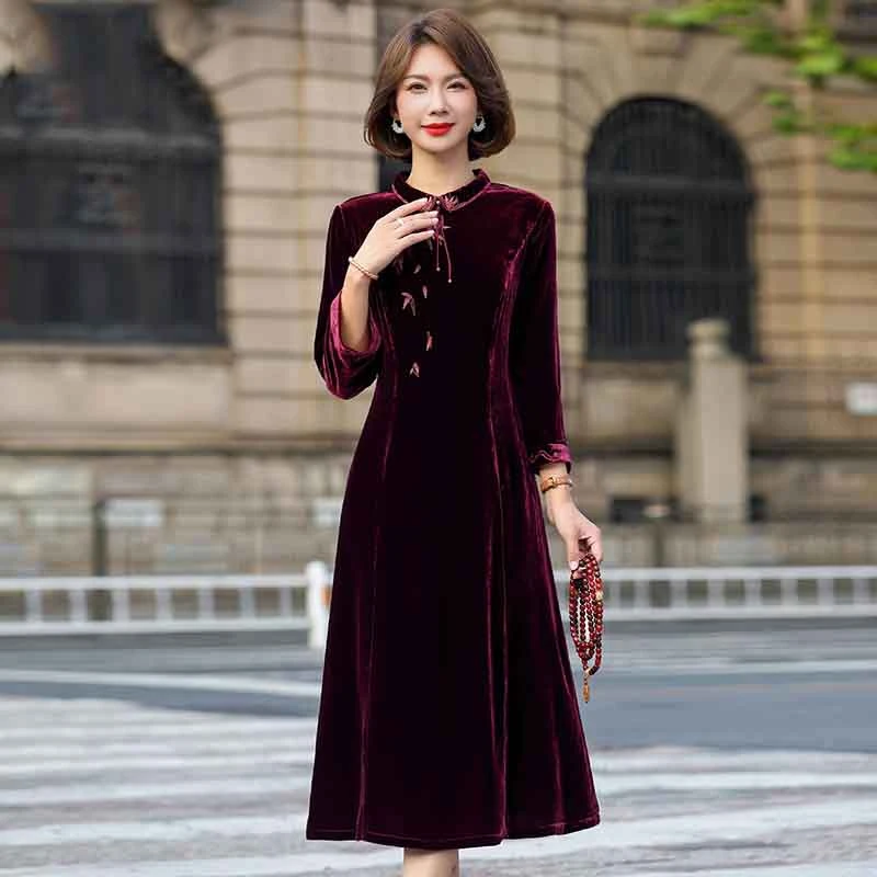 高端真丝丝绒连衣裙女秋季新中式桑蚕丝改良旗袍宴会喜妈妈礼服新