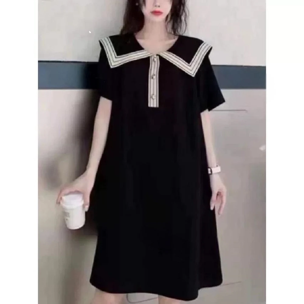胖mm梨型身材短袖连衣裙女夏季2025新款气质减龄学院风海军领孕妇