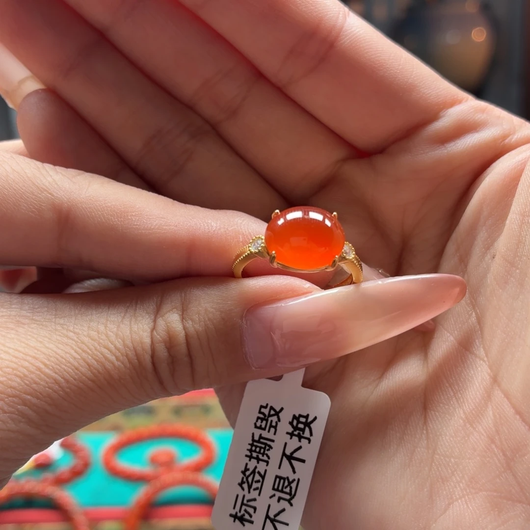 南红玛瑙银S925镶嵌女戒原矿保山南红小庄冰红女戒