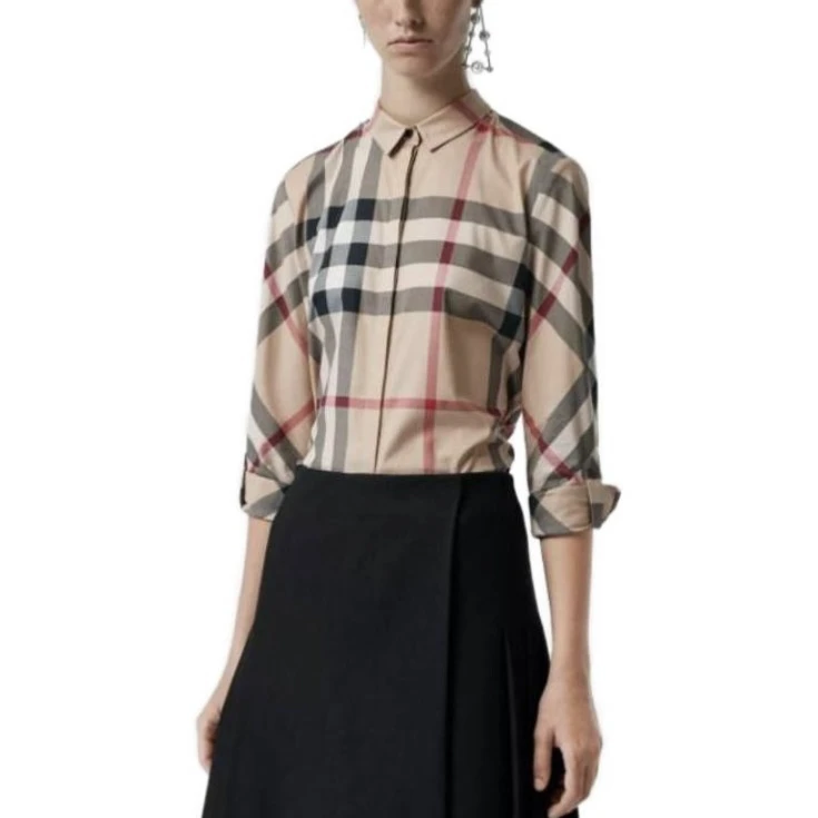 全新未使用 BURBERRY/博柏利 7320/拼色经典格纹收腰长袖衬衫/M码